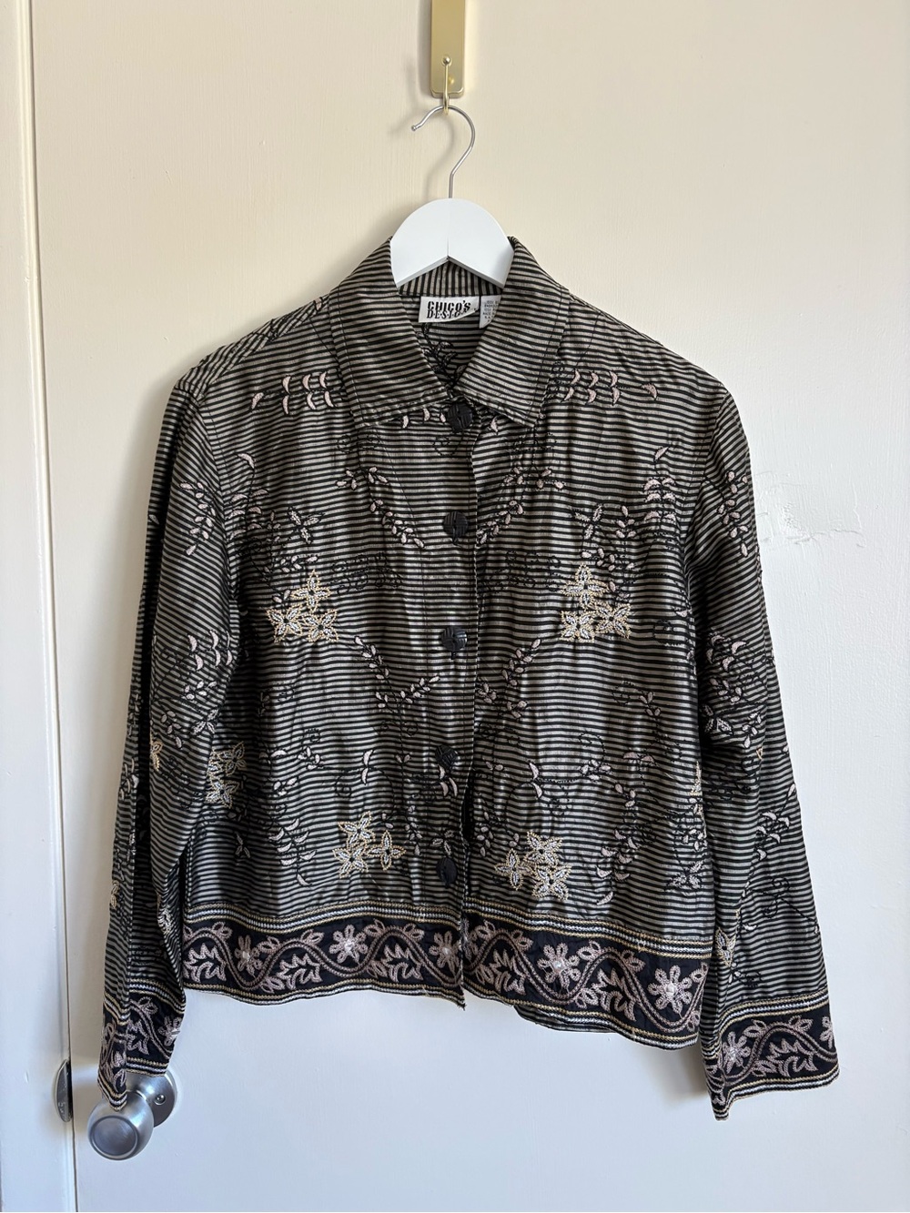 Chico’s Black & Gold Silk Embroidered Button-Front Shirt